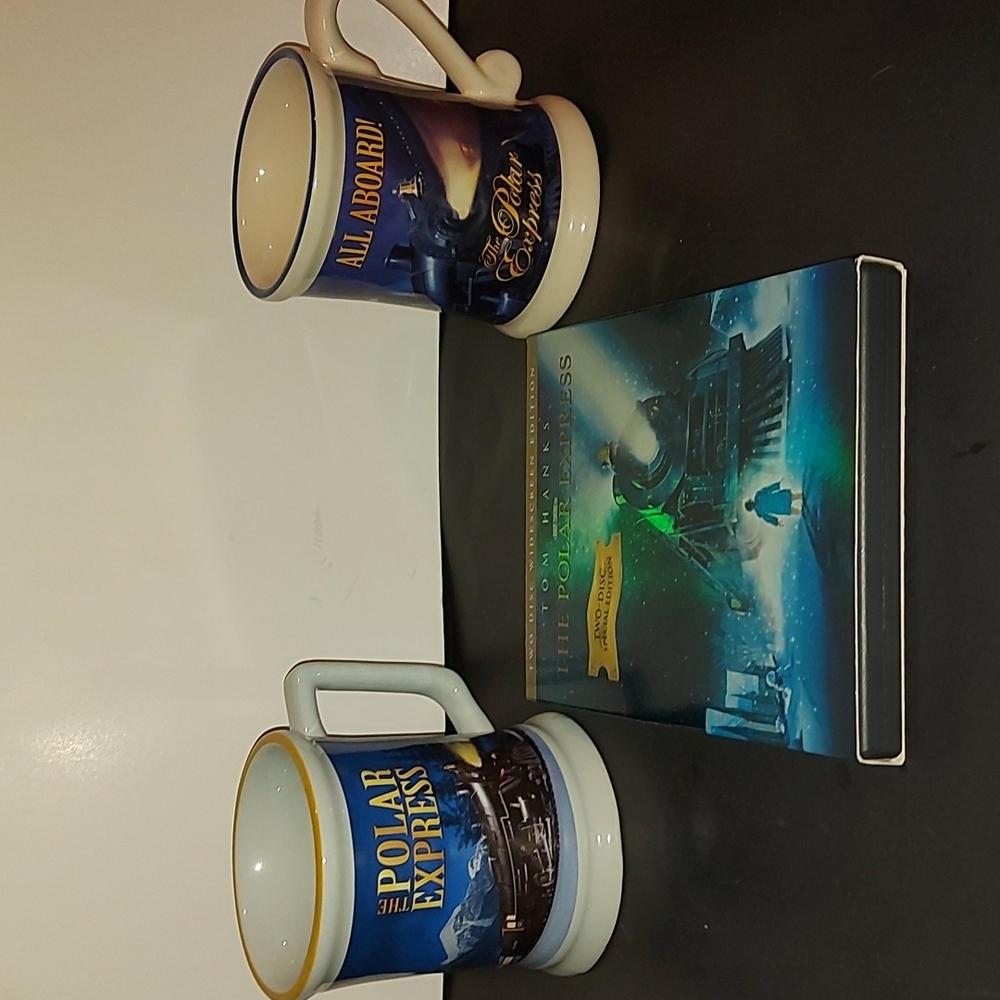 Polar Express dvd,  two cups polar express cups. Holds about 14 Oz.